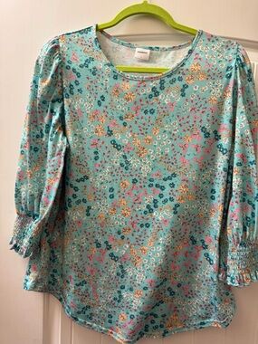 a new day Aqua Floral Puff-Sleeve Blouse with Smocked Cuffs
